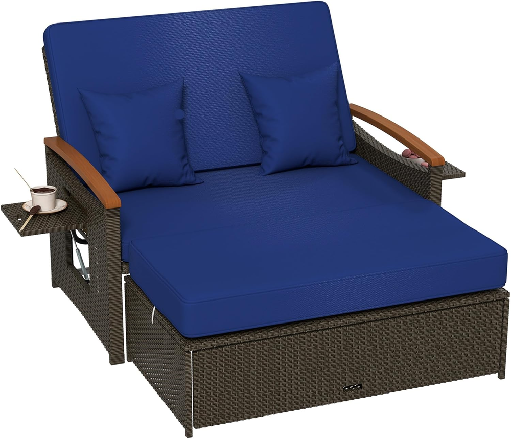 Patio Rattan Daybed Set, with Loveseat, Ottoman, Adjustable Backrest, Navy