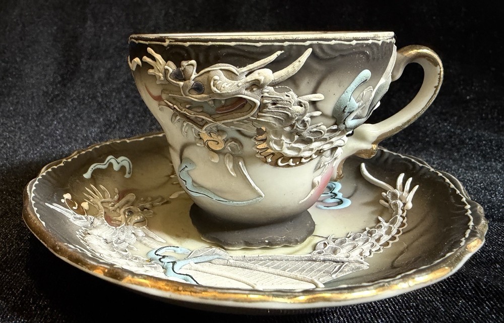 Vintage Dragon Ware Teacup Saucer Demitasse 3 oz Mini Black Gold Moriage Japan