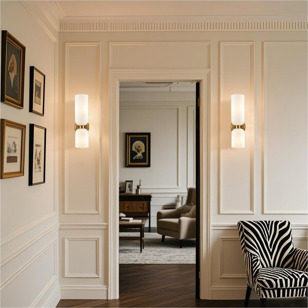 Set of Two 2-Light Modern Wall Sconces | Milky White Glass