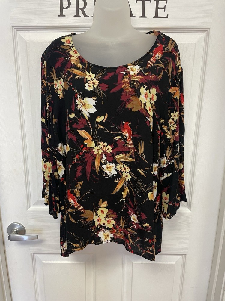 J Jill Top Black Red Floral Birds Blouse 3/4 Bell Sleeves Rayon Size XL “”