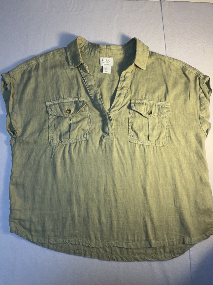 Nicole Miller Linen Blouse Womens Large Green Safari Utility Shirt Top