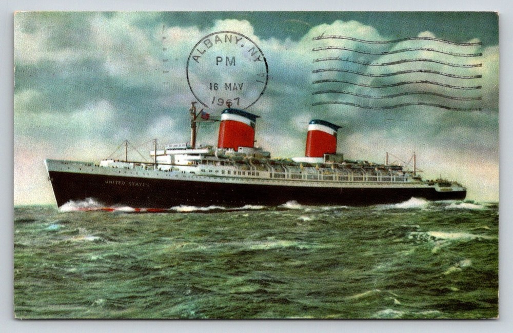 SS United States Ocean Liner Postcard 1961 Albany NY Postmark Steelograph