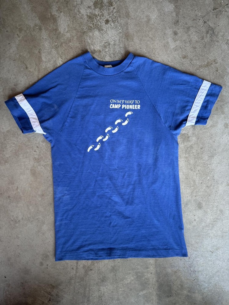 Vintage 80s Champion Camp Pioneer Blue White Ringer Shirt L