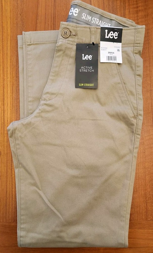 Lee Men's 28x30 Flat Front Slim Straight Chino Pants KHAKI Flex Waist #32125
