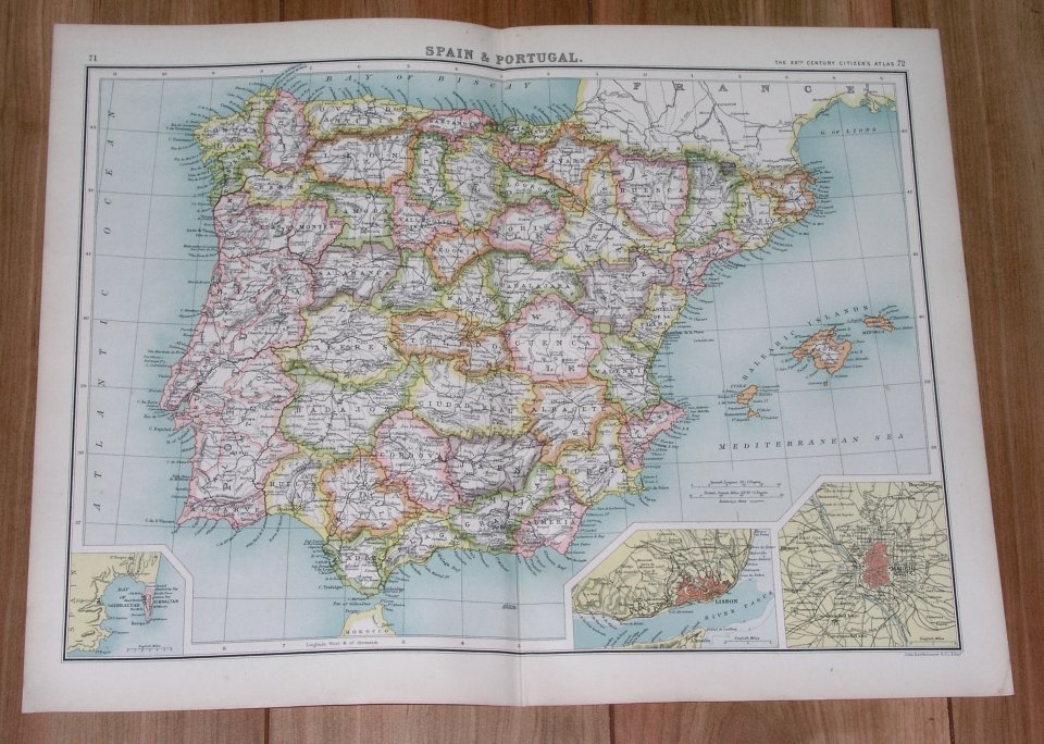 1903 Map Of Spain Portugal Balearic Islands Majorca Mallorca Madrid Barcelona