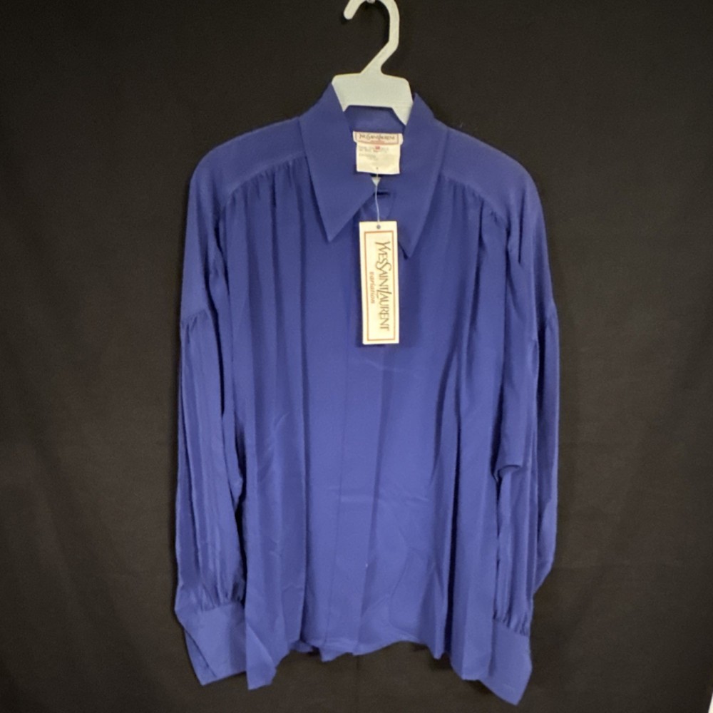 Vintage Yves Saint Laurent Blue Silk Collared Button Top Women LongSleeve 38 YSL
