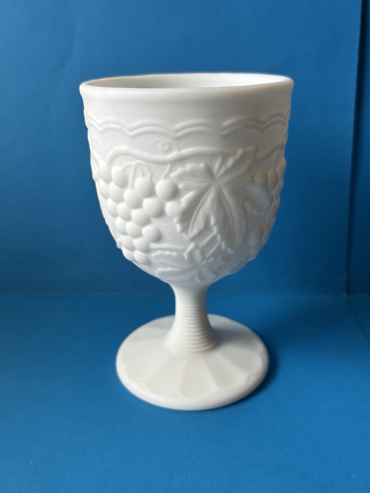 Vintage Imperial Milk Glass 5.5”  Water Goblet Satin Finish Grape Design