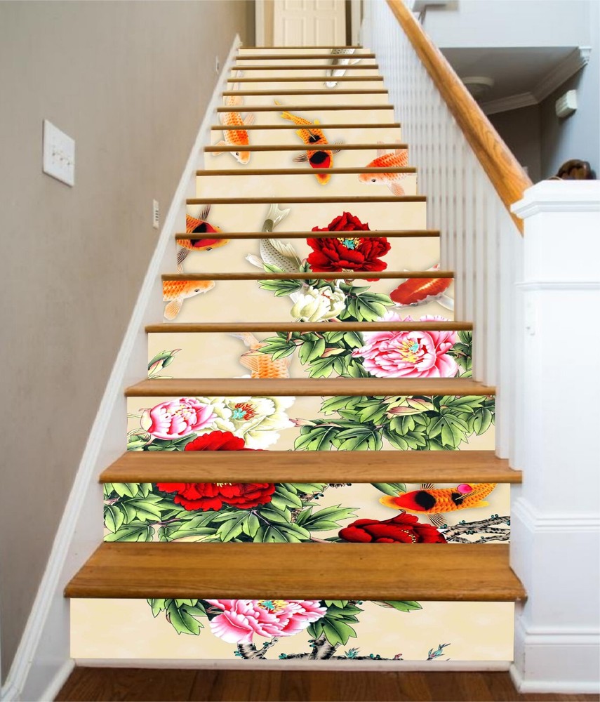 3D Goldfish Peony Vinyl Wallpaper Stair Risers Decorative Mural AZ775