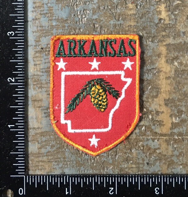 Vintage ARKANSAS Pinecone State Map Outline Travel Souvenir Patch Voyager
