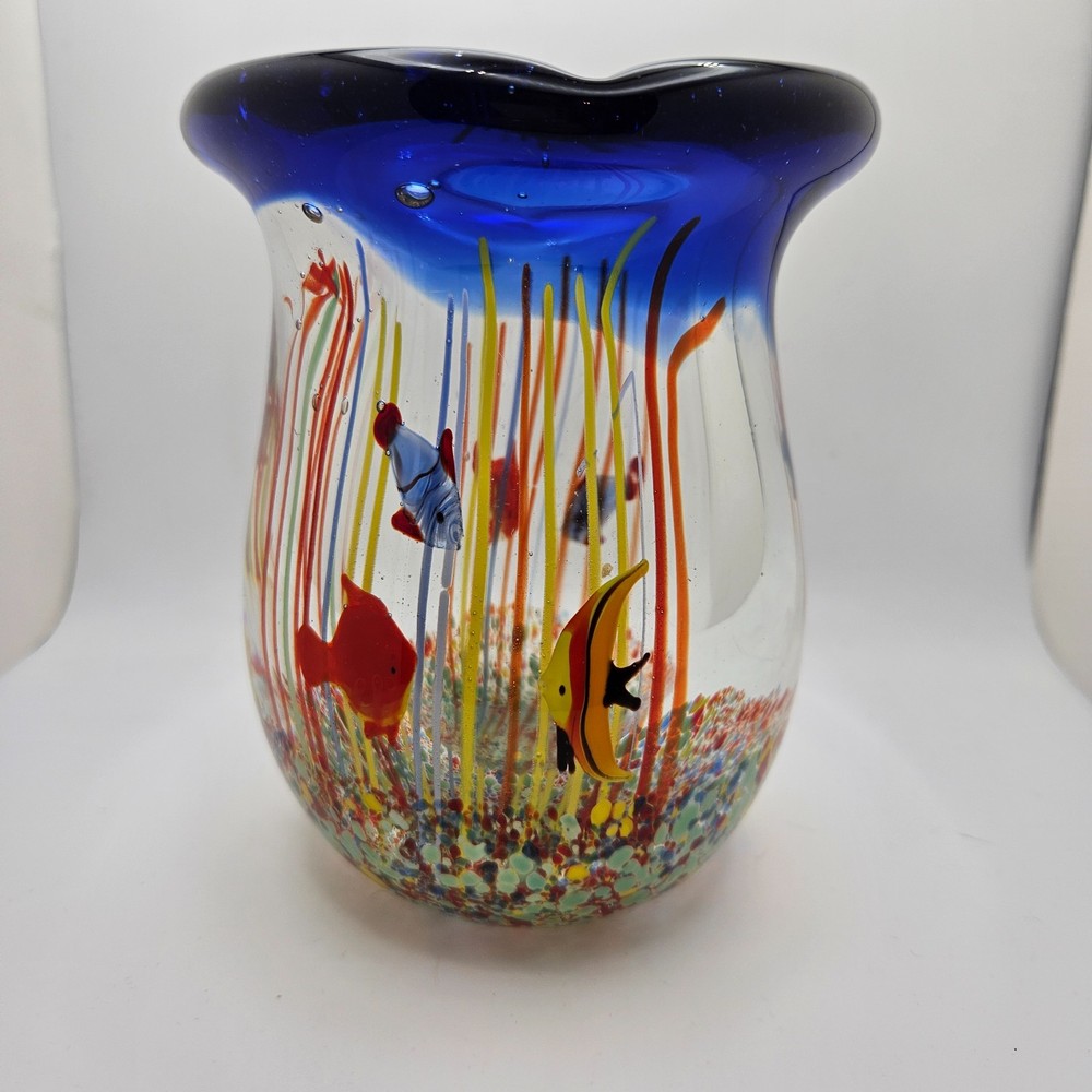Hand Blown Art Glass Aquarium Vase Blue Rim Fish Tropical Murano Style 5.5” Tall