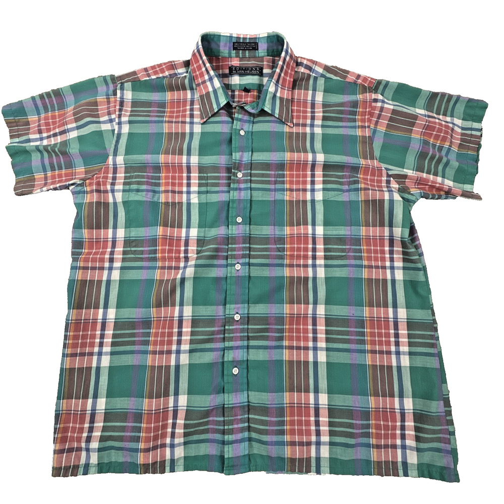 Editions By Van Heusen Men's XL Shirt Short Sleeve Button Down Green Plaid