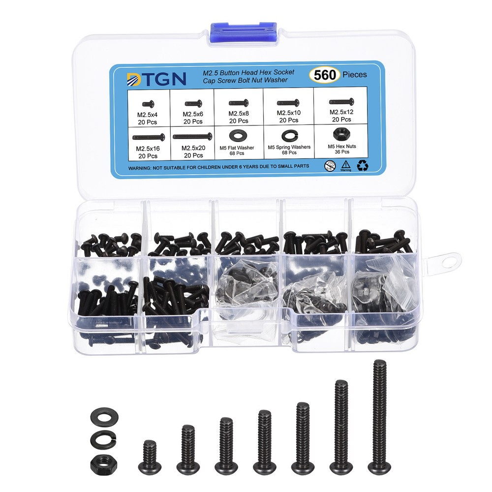 560x M2.5-0.45x4~20 Button Head Hex Socket Cap Screw Bolt Nut Washer Assortment