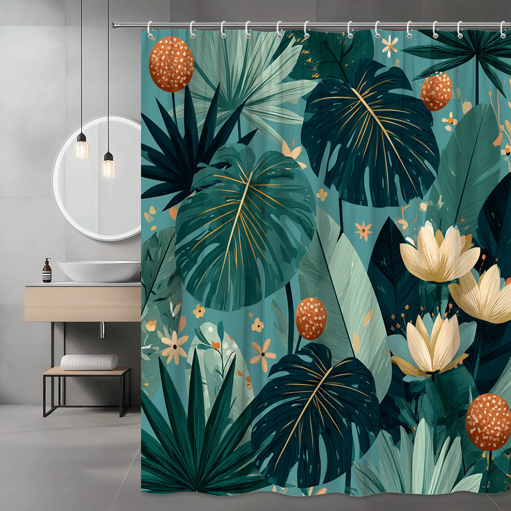 Tropical Leaf Floral Shower Curtain Teal Green Orange Print
