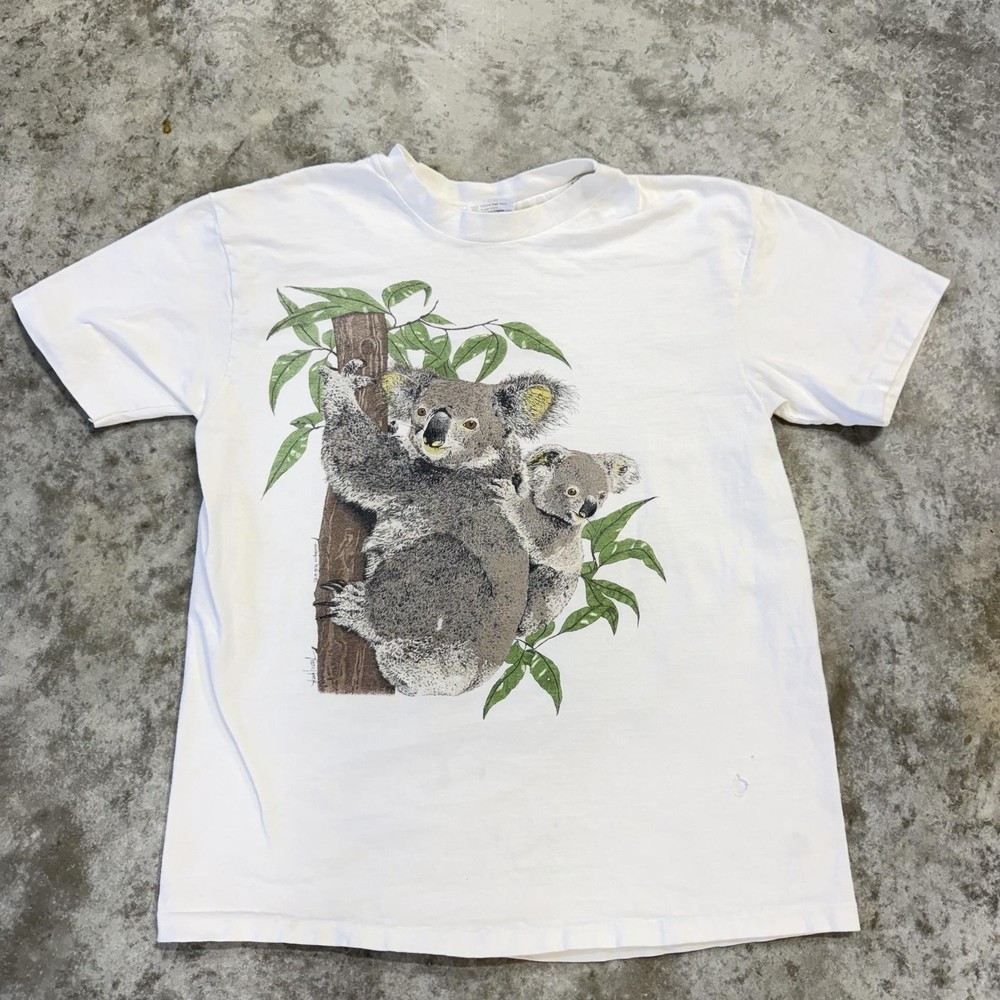 Vintage Hanes Shirt Mens Large White Koala Bear Graphic Tee USA 80s Wildlife