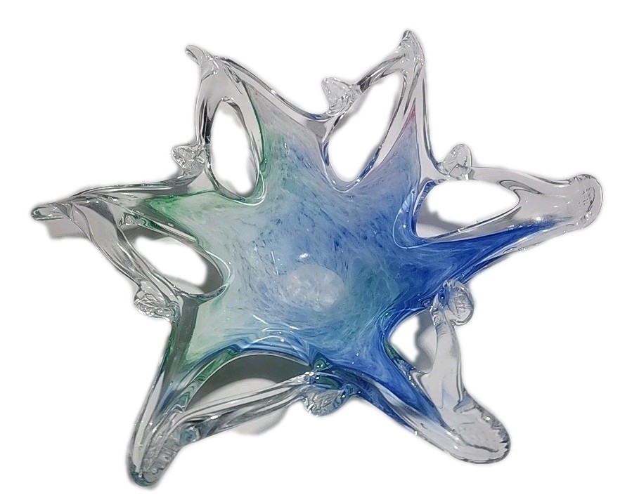 Vintage Art Hand Blown Glass Bowl Starfish Pink Blue Green 9.5” Dia Trinket Dish