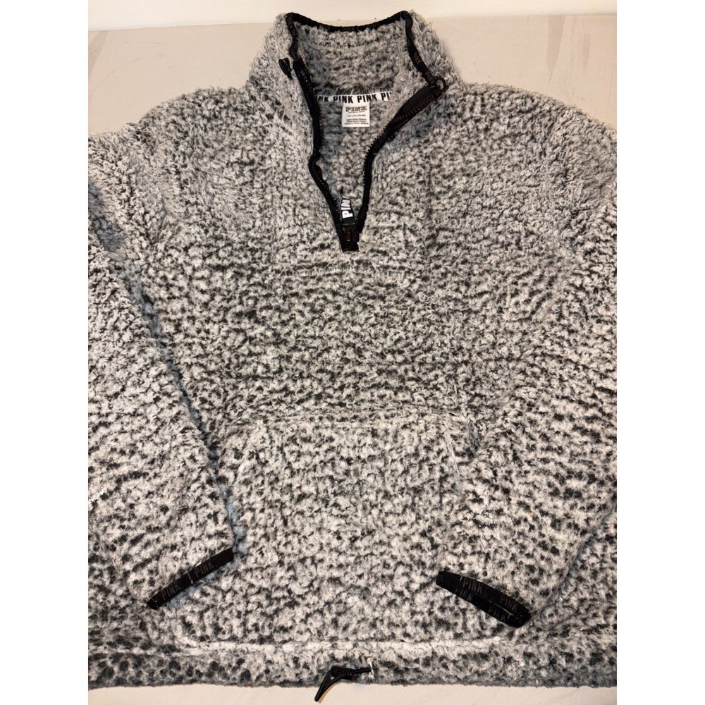 Victoria's Secret PINK Sherpa Pullover Quarter Zip Gray Black Fleece Sweater S
