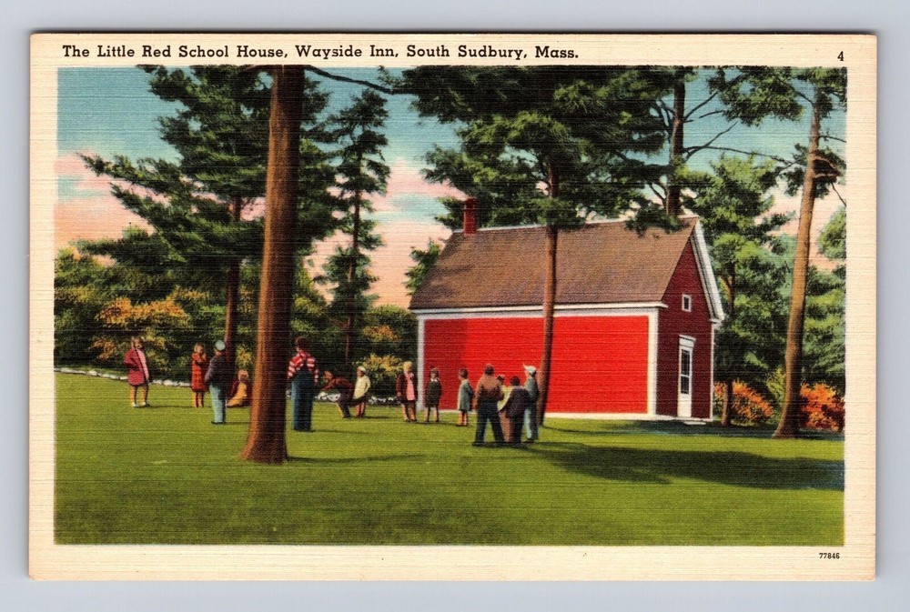South Sudbury MA-Massachusetts, Little Red School, Wayside Inn Vintage Postcard