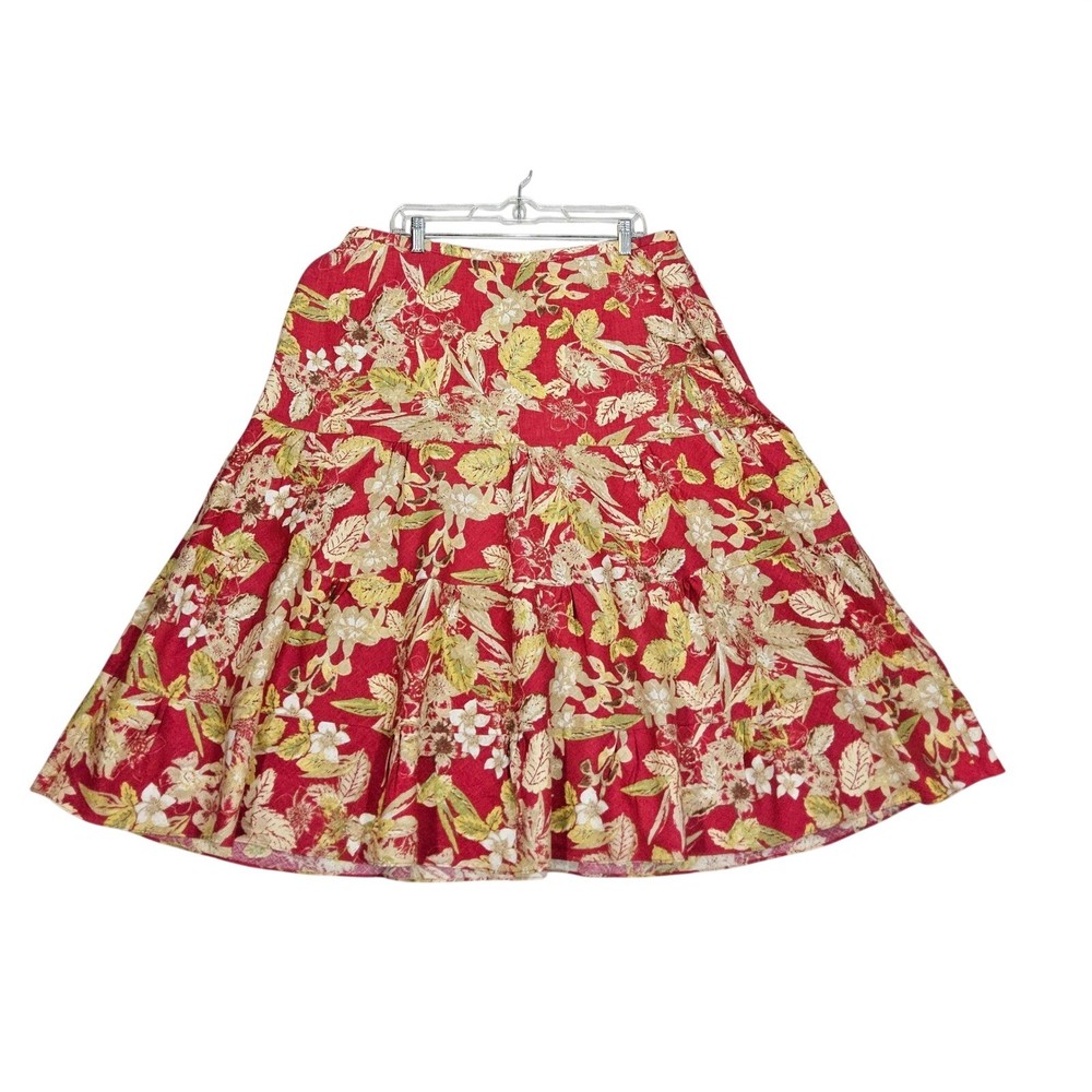 Emma James Skirt 16 W Tiered Floral Maxi Linen Cottagecore Floral Green  Red