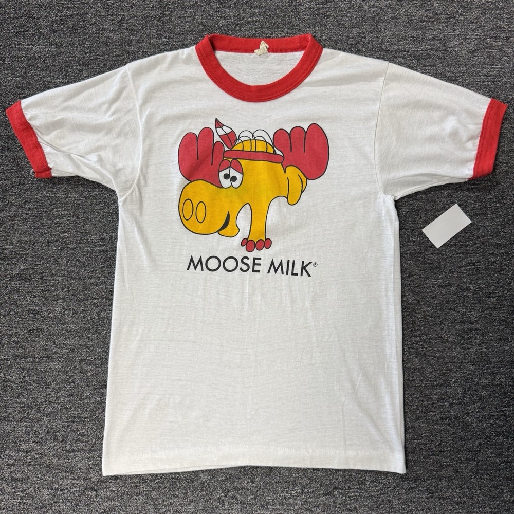 Vintage 80s RARE Rocky & Bullwinkle Moose Milk White Ringer T-Shirt Mens -Size M
