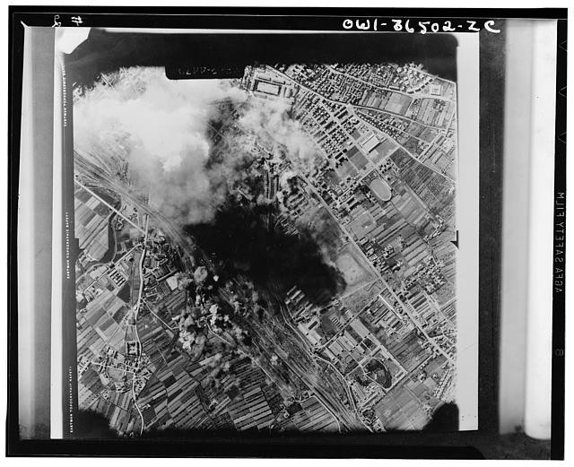 Photo:1940s Aerial Bombing Smoke Over Farmland and Rail Yards