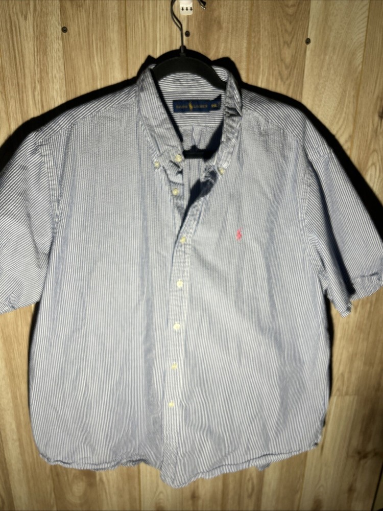 Ralph Lauren Blue Seer Sucker Men’s 2XL Striped Button Down Short Sleeve Shirt