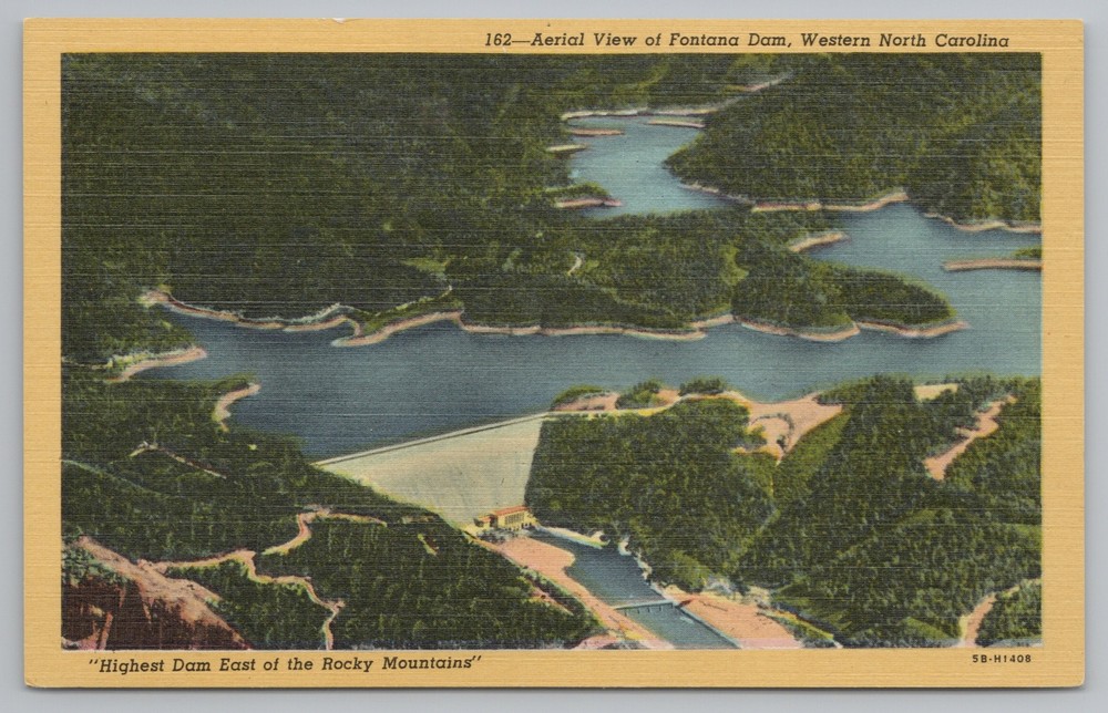 State View~Air View Fontana Dams Western North Carolina~Vintage Postcard
