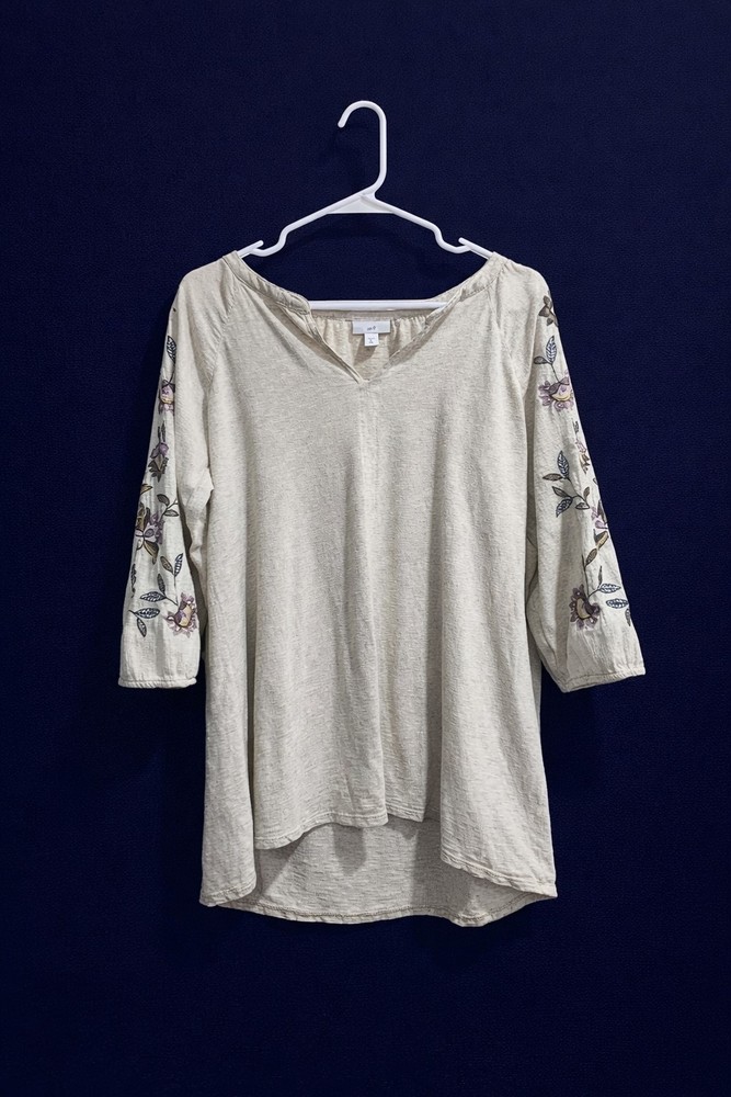 J.Jill M Petite Cream Embroidered Floral Peasant Blouse Boho Top