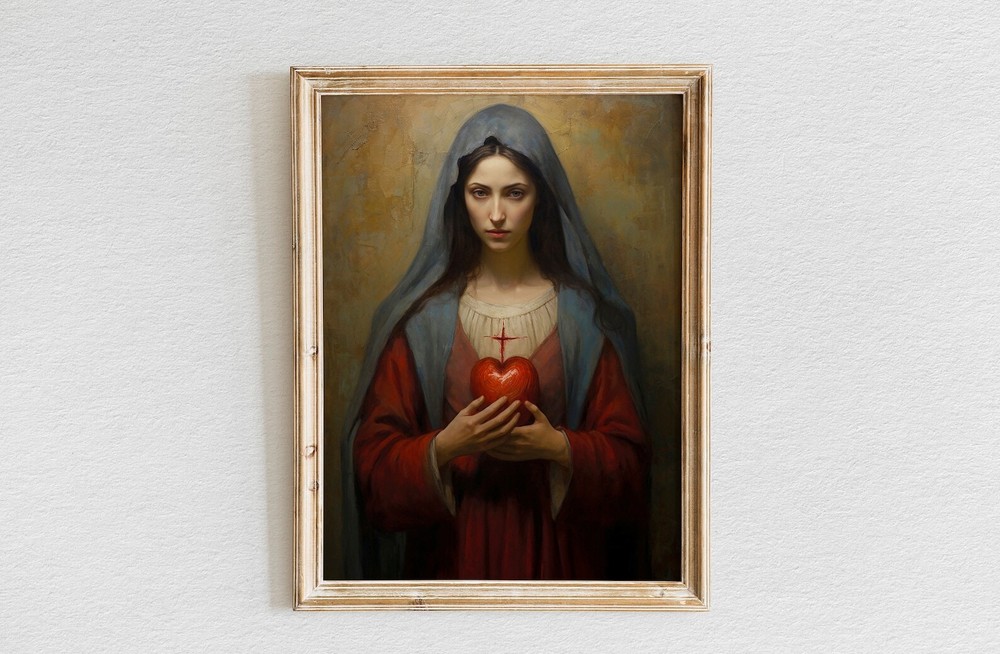 Sacred Heart of Mary Oil Painting Art with Bible Verse Wall Decor  