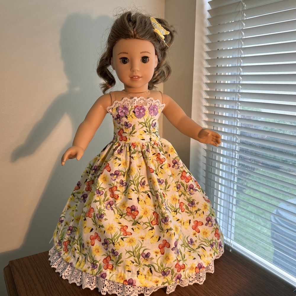 American Girl Doll Clothes - Handmade Garden Party For 18” Dolls- Dress, Hair Pc