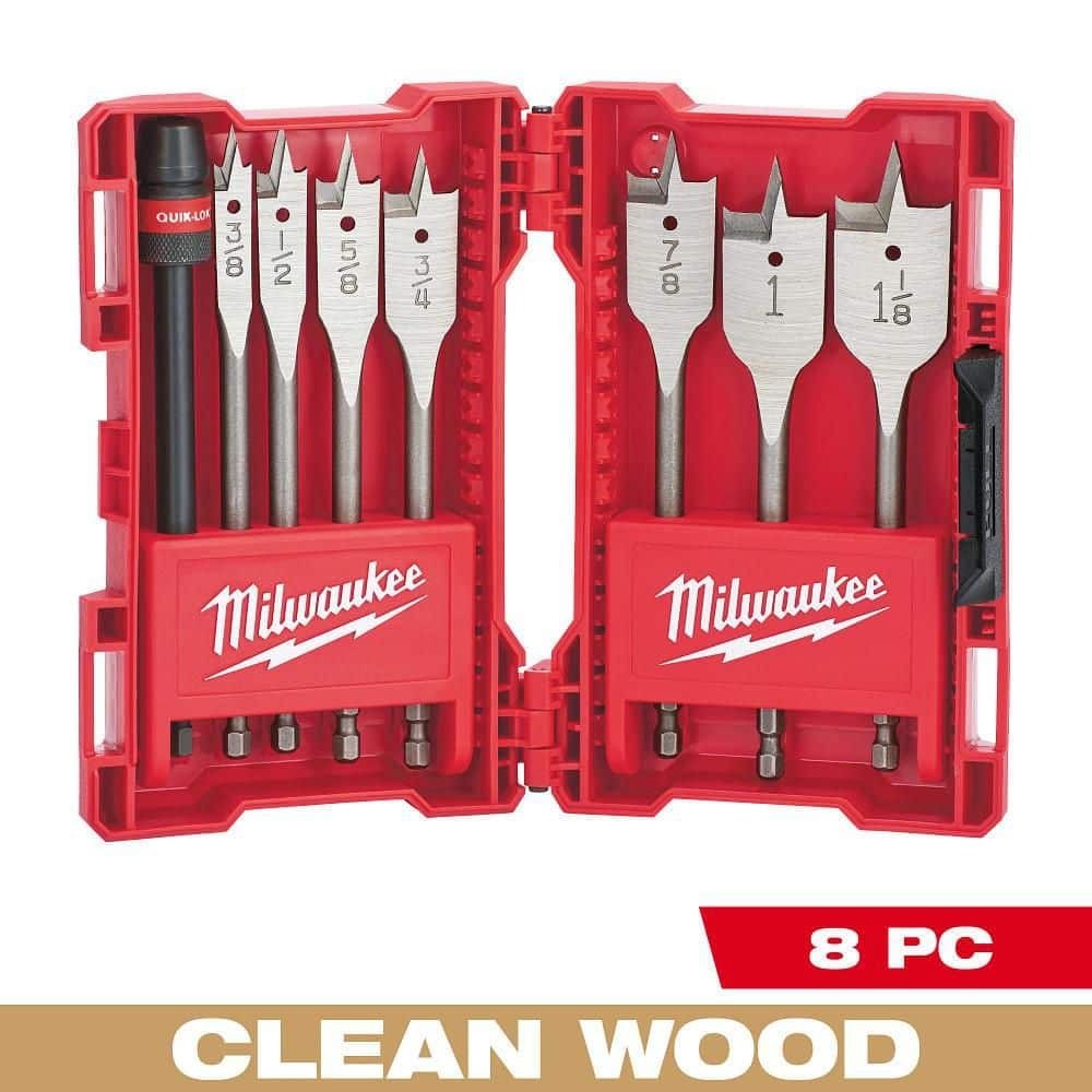 Spade Drill Bit Set Assorted Flat Wood Boring Kit 8-Pc High Speed Steel Paddle