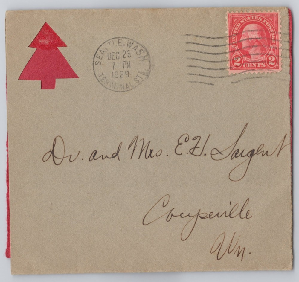 Cheyenne, Wyoming, Christmas tree envelope with wax seal, 2c Washington 1929