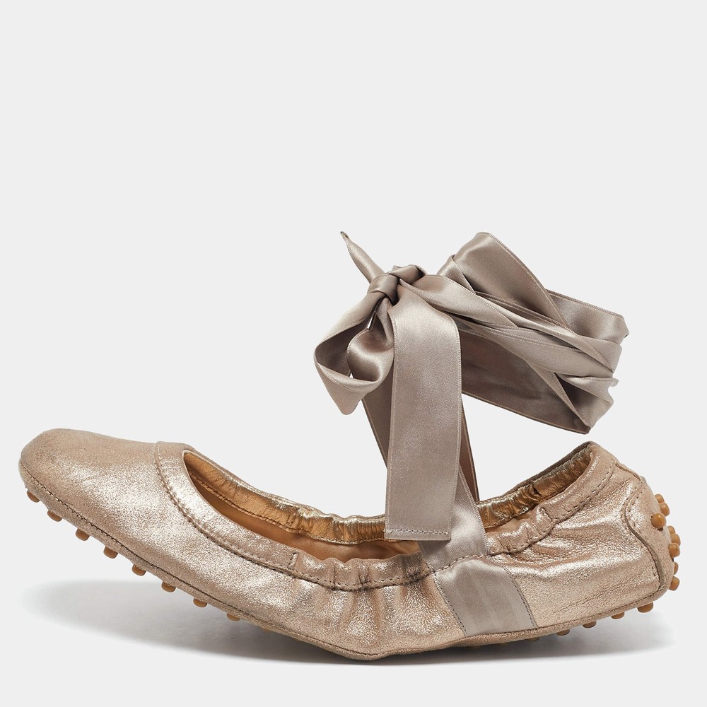 Tods Metallic Bronze Nubuck Leather Scrunch Ribbon Ballet Flats Size 39