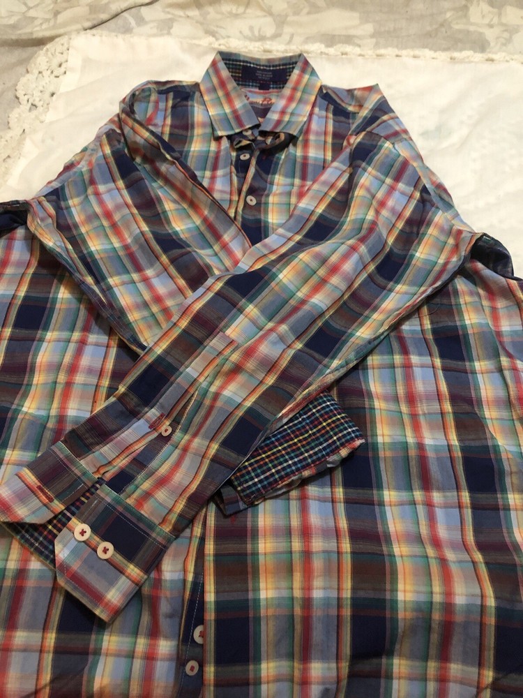 Allan Flusser Men’s Medium Long Sleeve Flip Cuff  Multi Color Plaid Shirt .
