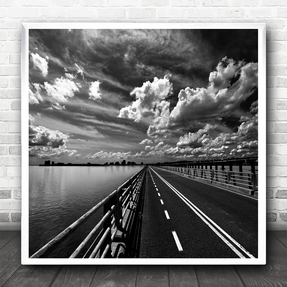 Road Rail Sky Stripe Line Water Ocean Bridge Square Wall Art Print