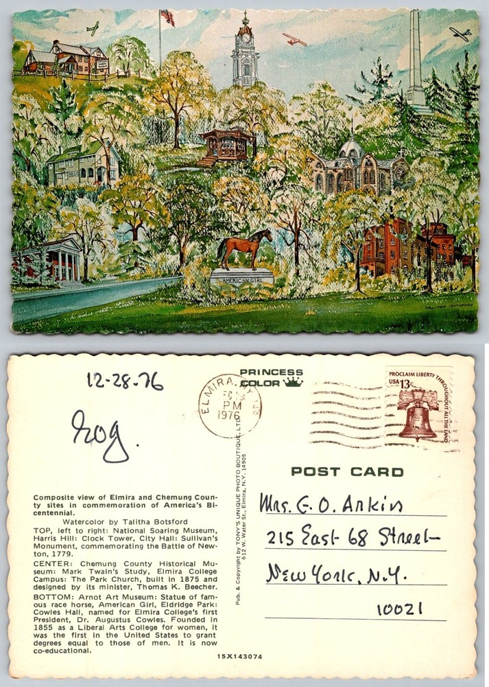 Elmira NY Bicentennial Postcard, Watercolor by Talitha Botsford, 1976 Postmarked