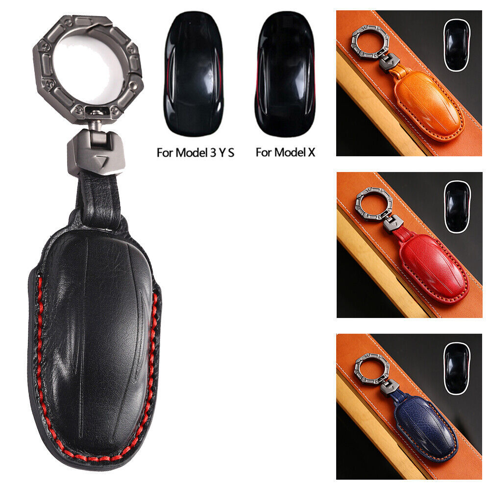 Leather Car Key Fob Cover Keychain Holder For Tesla Model 3 S X Y Key Case
