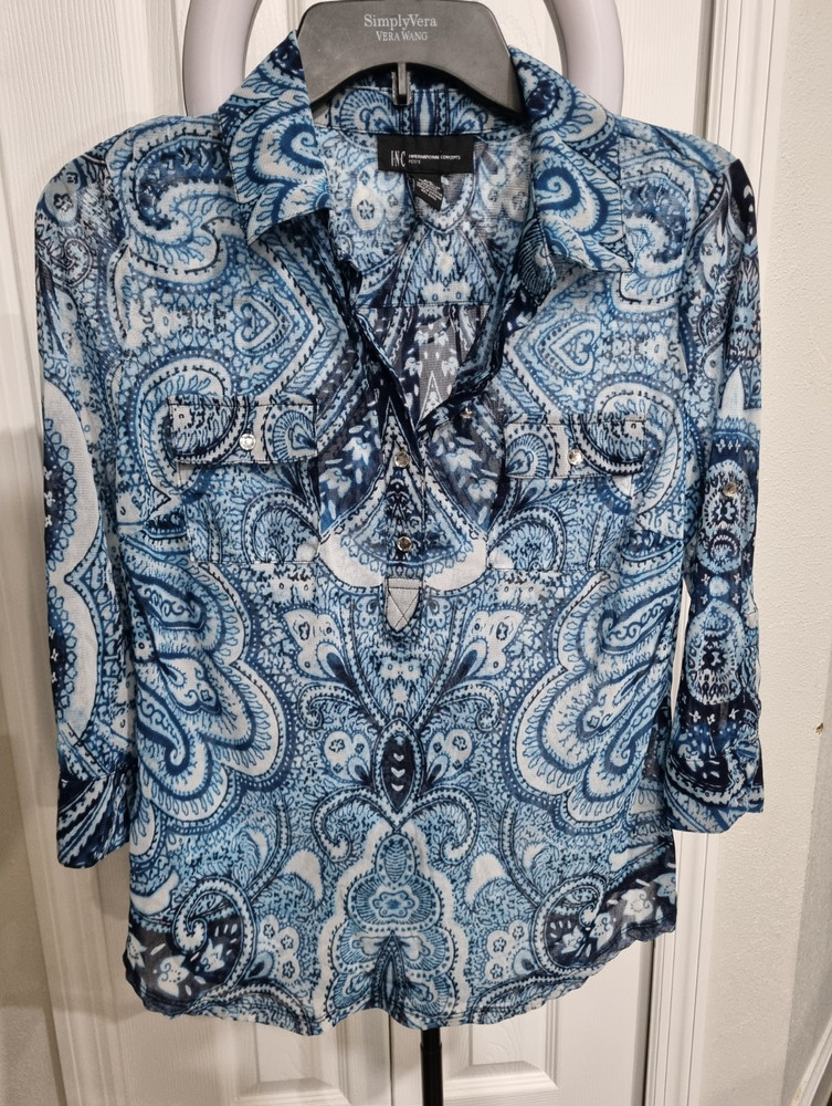 INC International Concepts Petites PL Blue White Paisley Sheer Chiffon Blouse