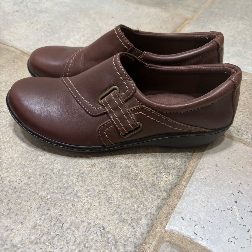 Clarks Ashland Lane Q Leather Slip On Shoes Women’s 8 Brown