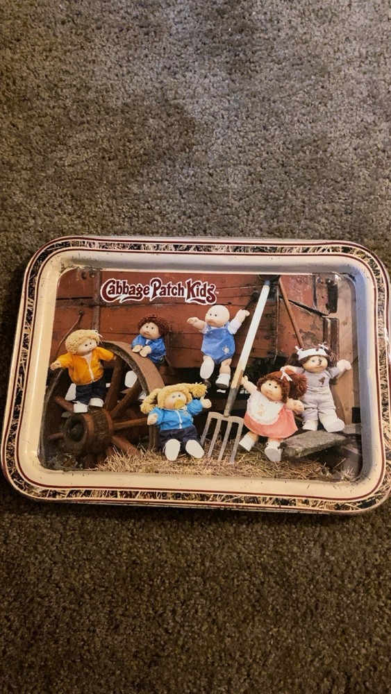 Vintage 1984 Cabbage Patch Kids farm-themed metal TV tray with fold-out design