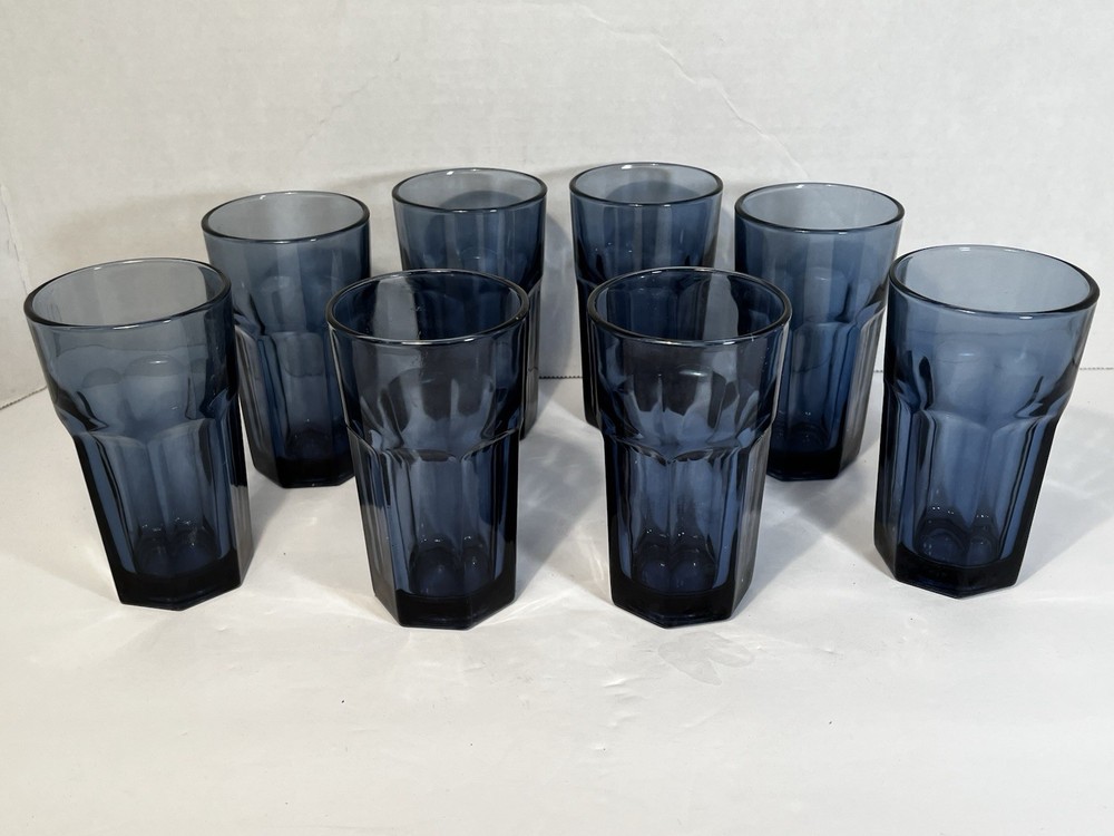 Libbey VTG Gibraltar Blue Paneled Duratuff Tumblers Glasses 6oz Set 8 Juice