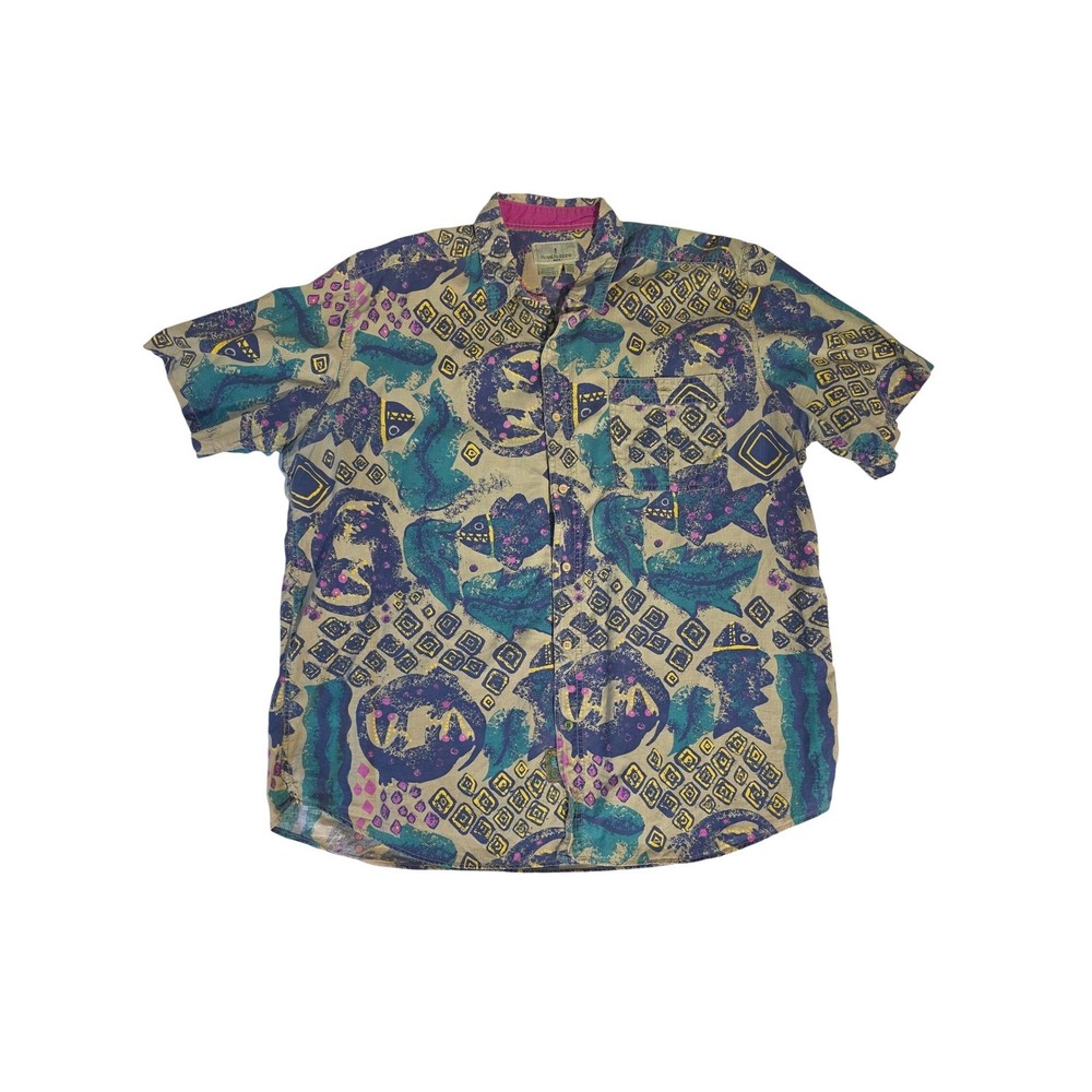Button Down Shirt Short Sleeve Maui Fish Print XL Vintage 90s Gorpcore
