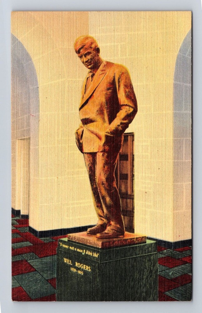 Claremore OK-Oklahoma, Will Rogers Statue, Antique, Vintage Souvenir Postcard