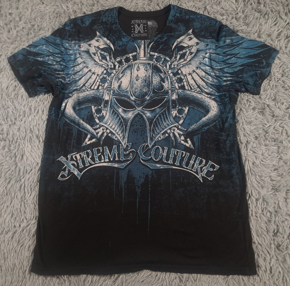 Xtreme Couture by Affliction Mens XL T-Shirt Winged Helmet Blue MMA y2k Extreme
