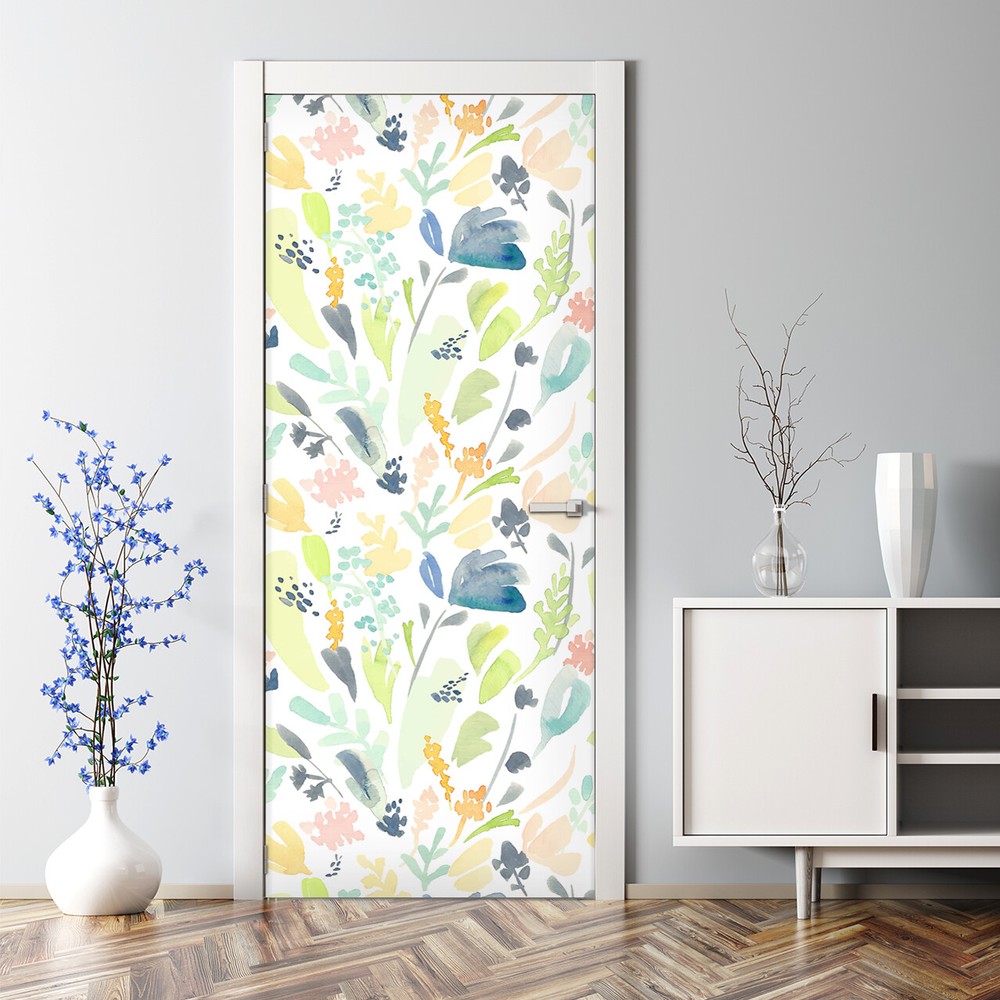 Vibrant Floral Bubble-Free White Peel and Stick Door Sticker Mural