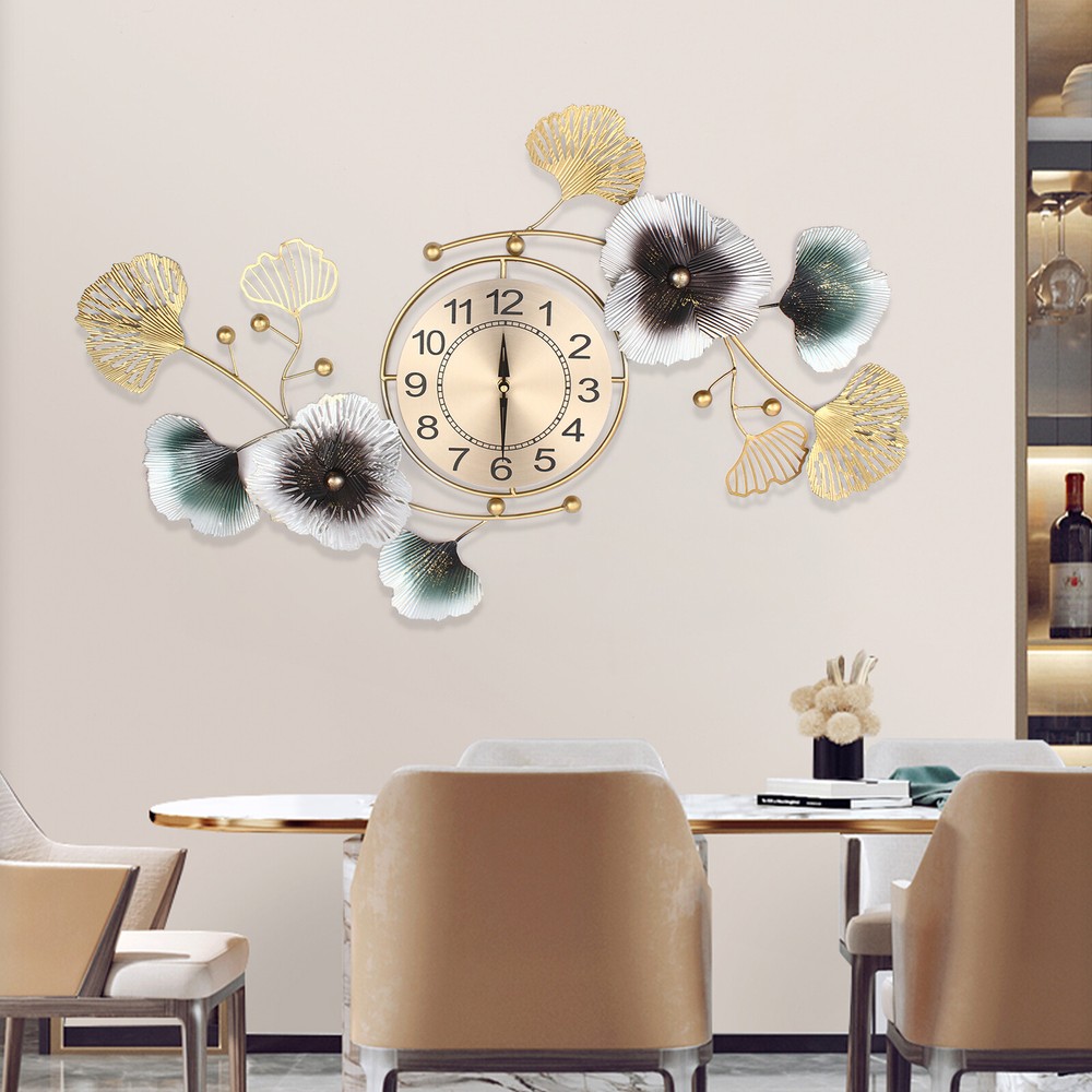 90*45cm Large Wall Clock Ginkgo Leaf Metal Wall Watch Living Room Home Decoraito