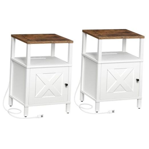 Farmhouse Nightstand Set with Charging Station in White and Rustic Brown