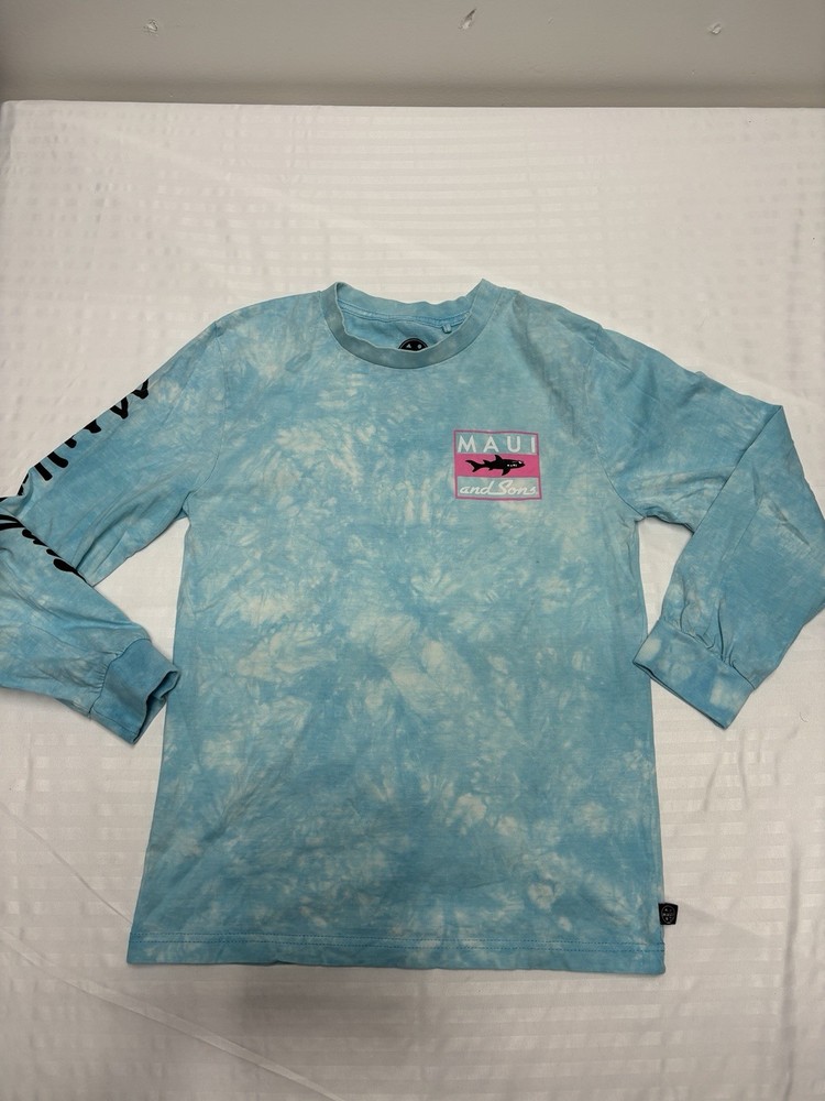 Maui and Sons Vintage Graphic Tee Aqua Blue Size Small Long Sleeve Mineral Wash