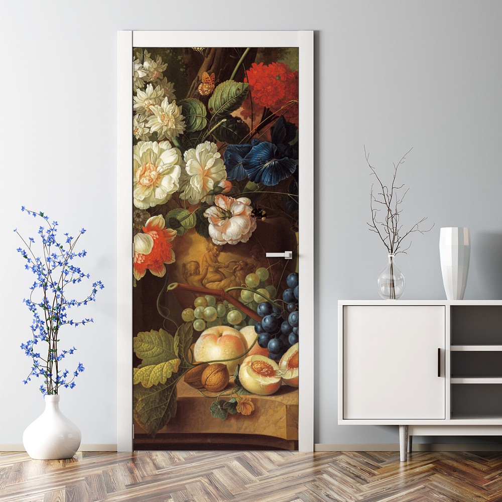 Vintage Floral Bubble-Free Door Sticker Colorful Bouquet Wall Painting Flowers  