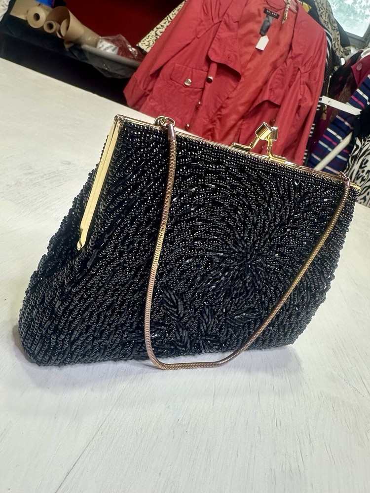 Vintage Black Beaded Clutch Evening Bag Gold Frame Kiss Lock Purse