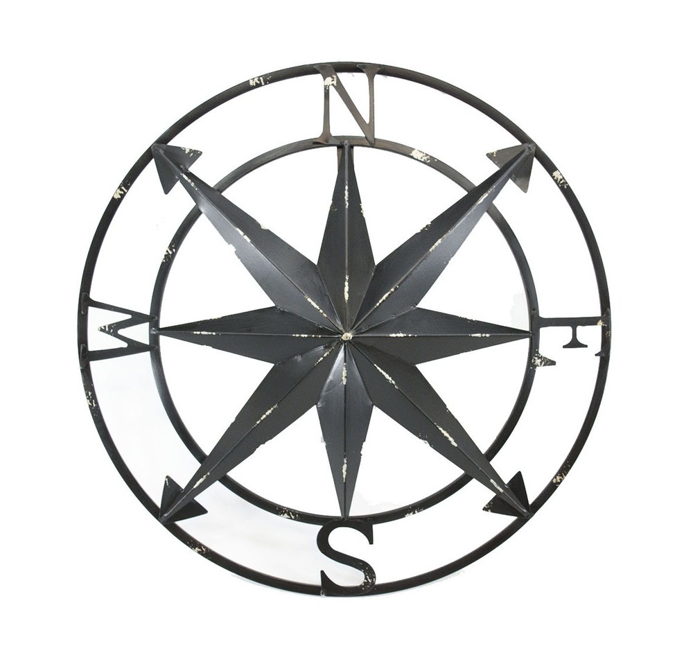 20-Inch Distressed Black Metal Compass Rose Wall Decor